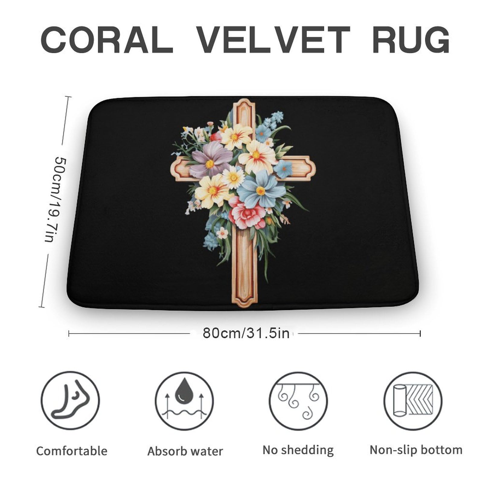 Christian Cross with Flowers Coral Velvet Rugs Non-Slip Bathroom Rugs Soft Kitchen Rug Floor Carpet for Home Decor 19.7