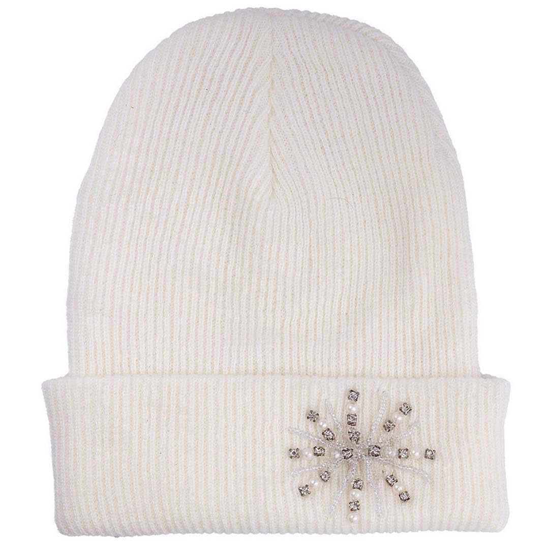 Winter Woolen Knitted Beanie for Women | White Beret Beanie Skull Cap | Soft Woolen Winter Caps | Embellished Crystal & Pearls Beanies-image-41