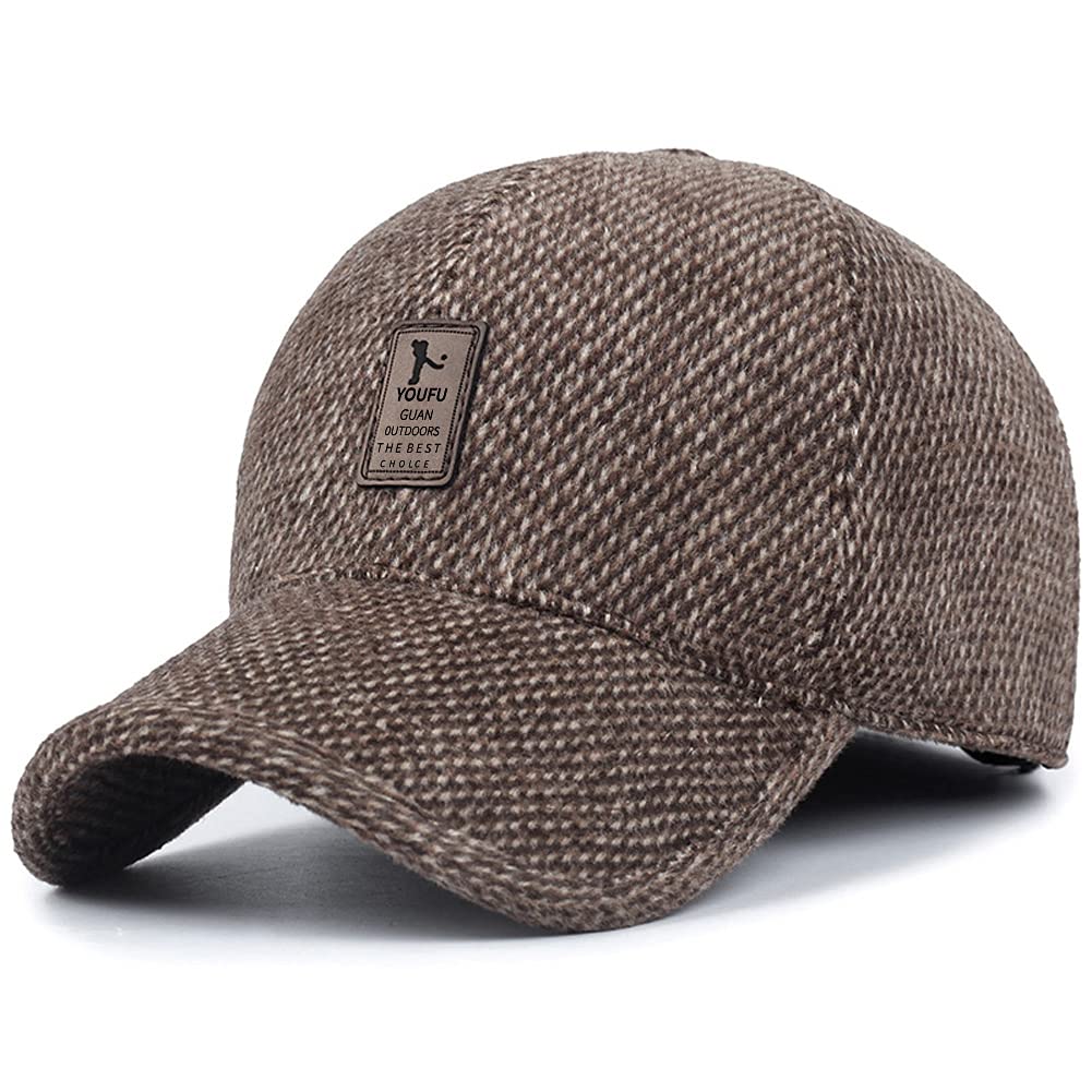 Voilalove Men's Winter Warm Wool Woolen Tweed Peaked Baseball Cap Hat with Foldable Ear Warmer (A-Coffee)