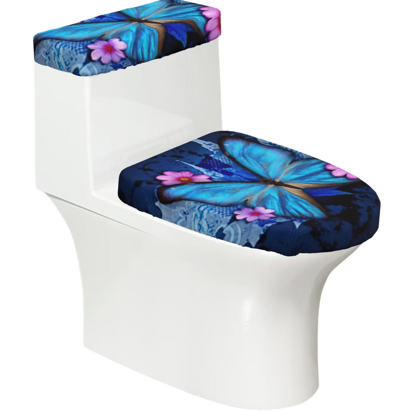 Beautiful Butterfly Print 2-Piece Stretch Toilet Cover Set, Elastic Breathable Toilet Seat and Tank Lid Protector