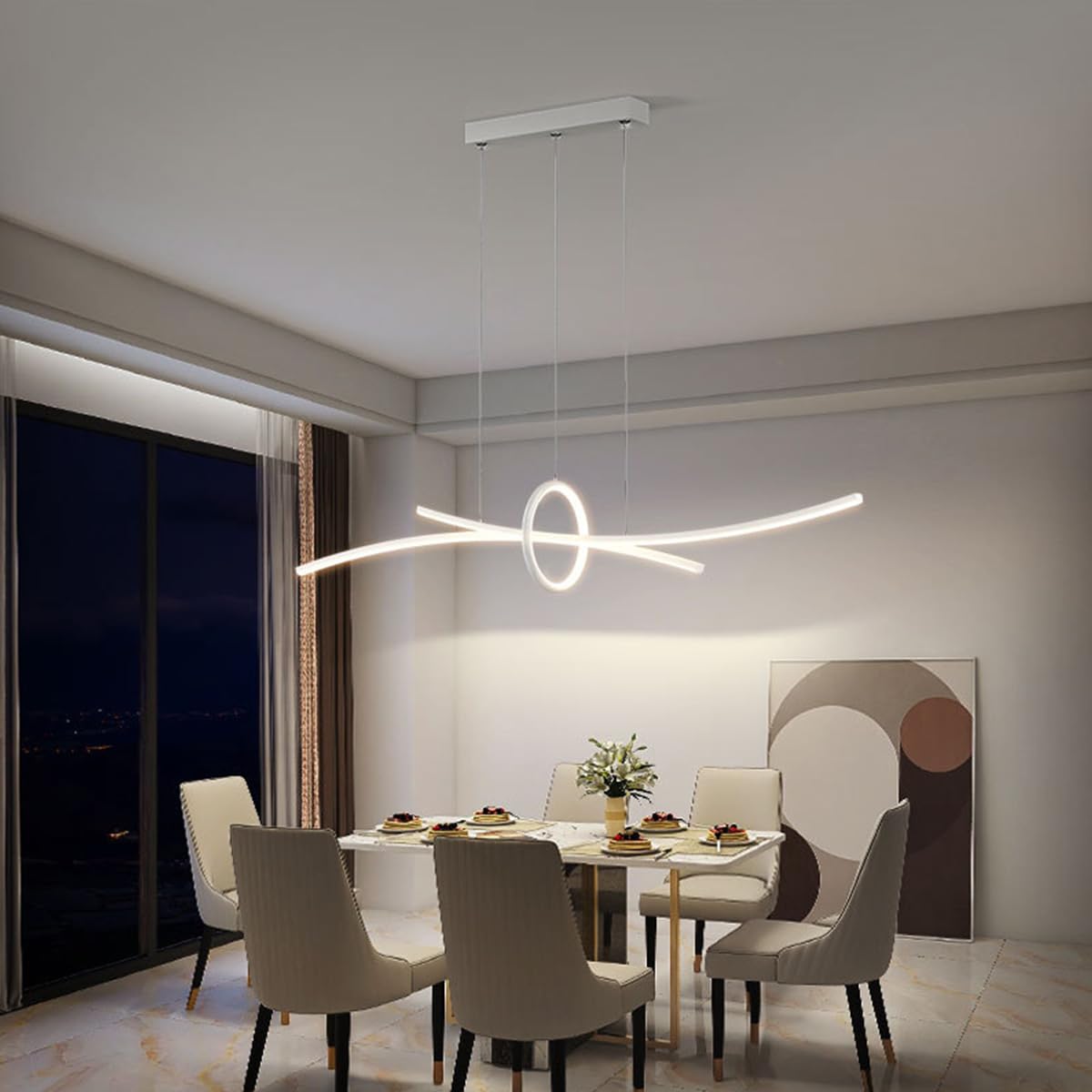 110CM LED Pendelleuchte Moderne Esstisch Kronleuchter Dimmbare Deckenleuchte mit Fernbedienung Hängeleuchte Höhenverstellbar Pendellampe für Wohnzimmer Esstisch Esszimmer (Weiß)