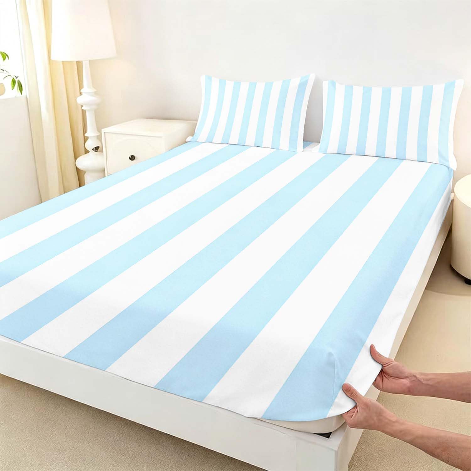 Drap Housse 180x200 cm Rayures Bleues 3D Drap-Housse Rayures Draps Housses Microfibre 2 Personnes avec 2 Taie d'oreillers pour Matelas Épais XCW6118