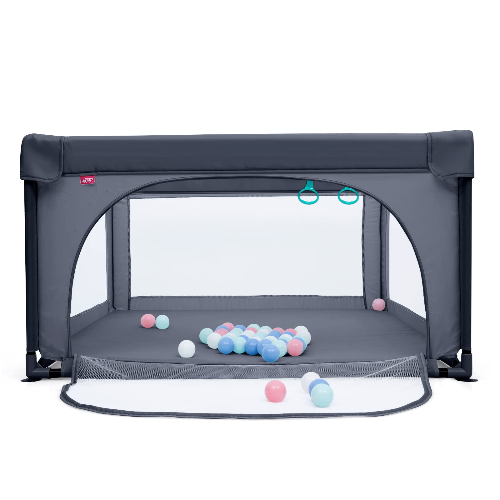 COSTWAY 120 x 120cm Baby Laufstall mit 50 Spielbällen, Laufgitter mit atmungsaktivem Netz und Reißverschluss, Krabbelgitter mit Tür, Laufgitterzelt für Säuglinge und Kleinkinder (Dunkelgrau)