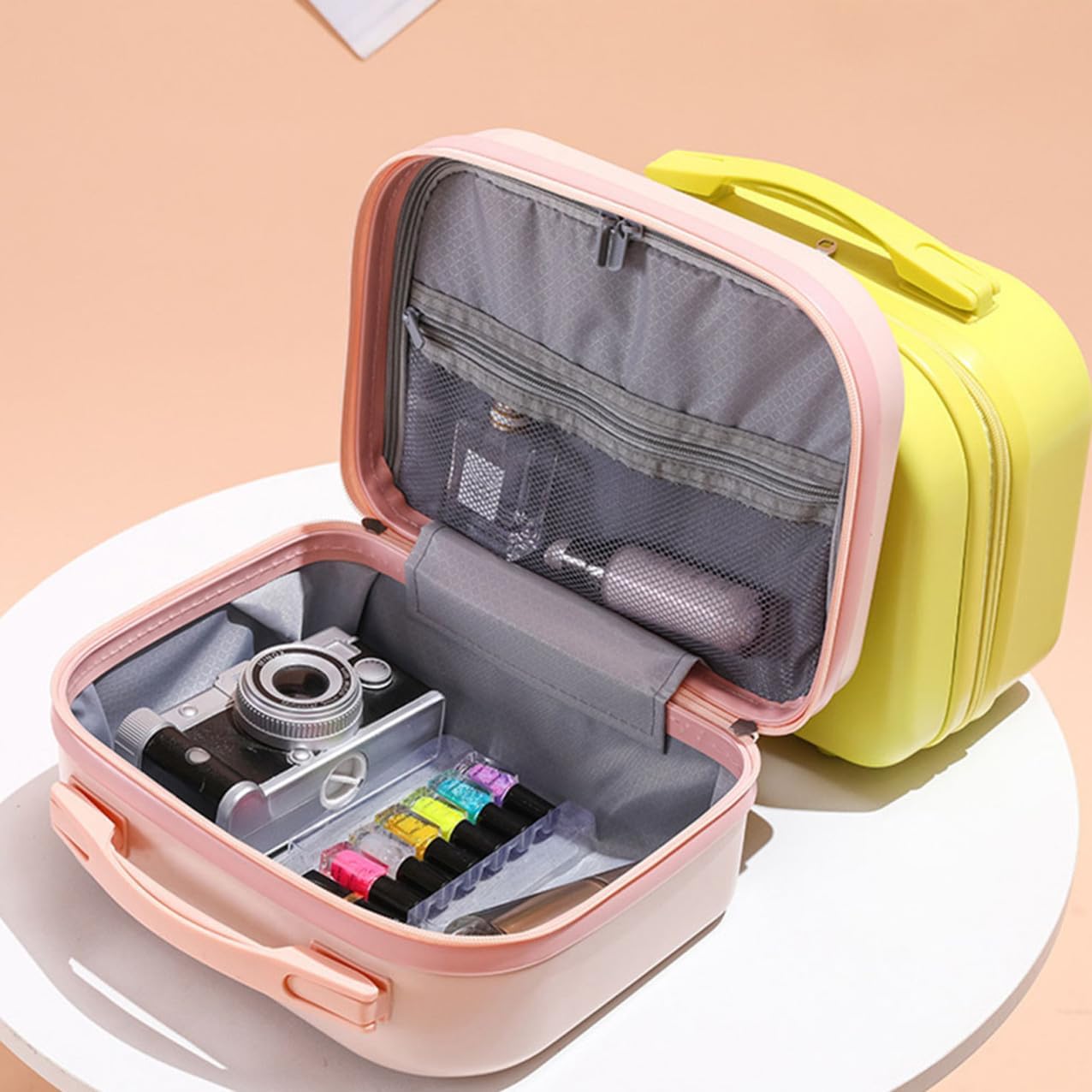 FRCOLOR 1pc Cosmetic Case Travel Closet Organizer for Luggage Makeup Travel Bag Organizer Clear Box Handheld Makeup Bag Train Case Plastic Abs Material Yellow