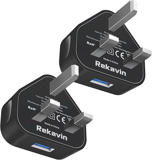 USB Plug UK Black Mains Charger 2 Pack, Rekavin Double USB Wall Charger Plug Adapter UK Compact Charge Head 5V/1AMP Charging for iPhone 11/10/Xs/XS Max/XR/X/8/7/6 Plus/5/4,iPad Pro/Air 2/Mini 4