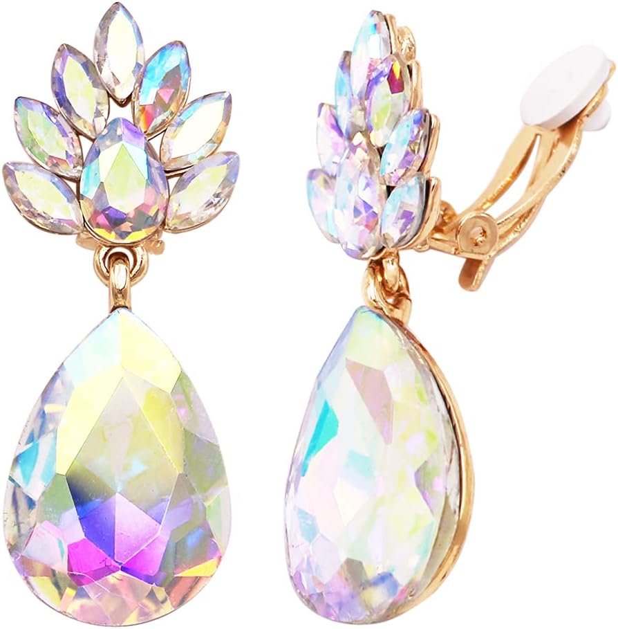 Rosemarie Collections Women's Statement Flower Petal Marquis Leaf Large Glass Crystal Teardrop Clip on Earrings, 2"