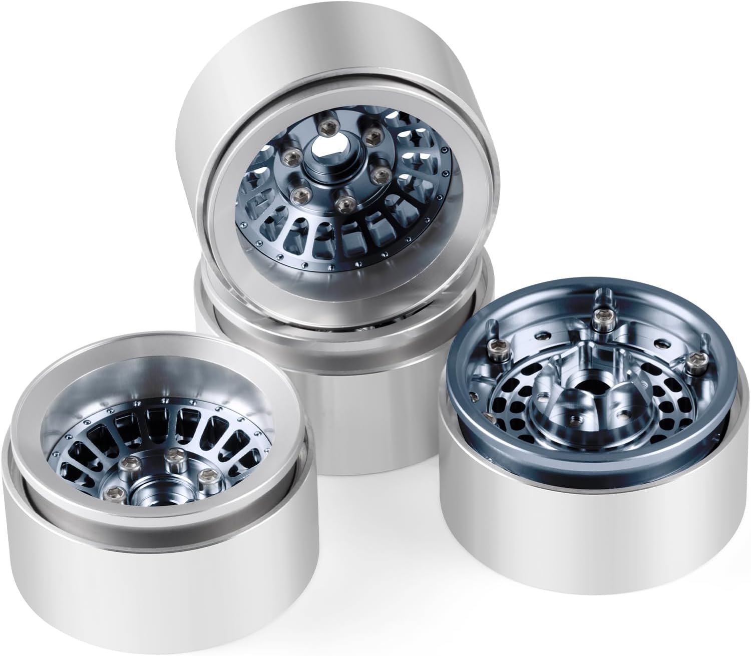 QUE-T 4pcs/Set 1.9 Inches Beadlock Wheels Metal Hubs Rims Compatible with 1/10 Axial SCX10 TRX-4 Wraith VS4-10 RC Upgrade Parts (Titanium & Silver)