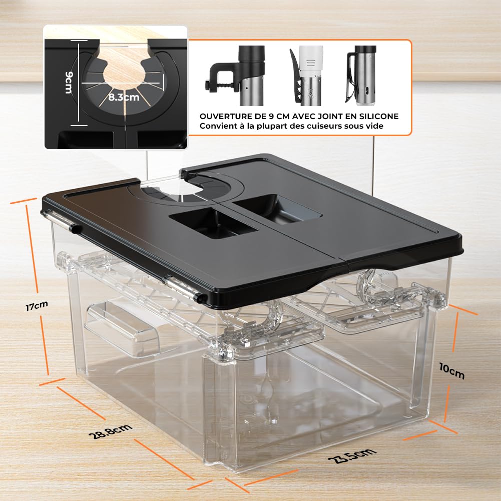 Récipient Sous Vide avec Couvercle Récipient Sous Vide avec Support 11L pour Cuiseur Sous Vide Plusieurs Marques Adaptées Multifonctionnel Double Porte Clair sans BPA
