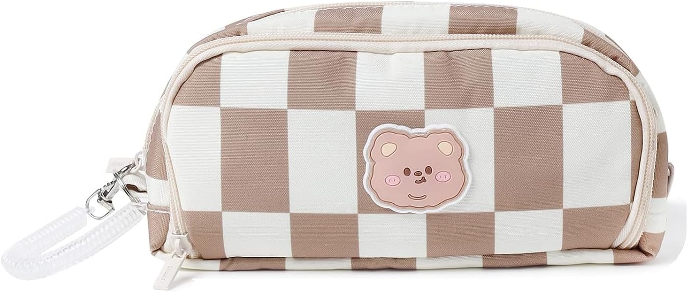 Cute Large Capacity Pencil Pouch Aesthetic Checker Canvas Pencil Case Organizer Fashion Stationary Bag Big Pen Holder for Art Suppliers Small Makeup Bag(Brown)