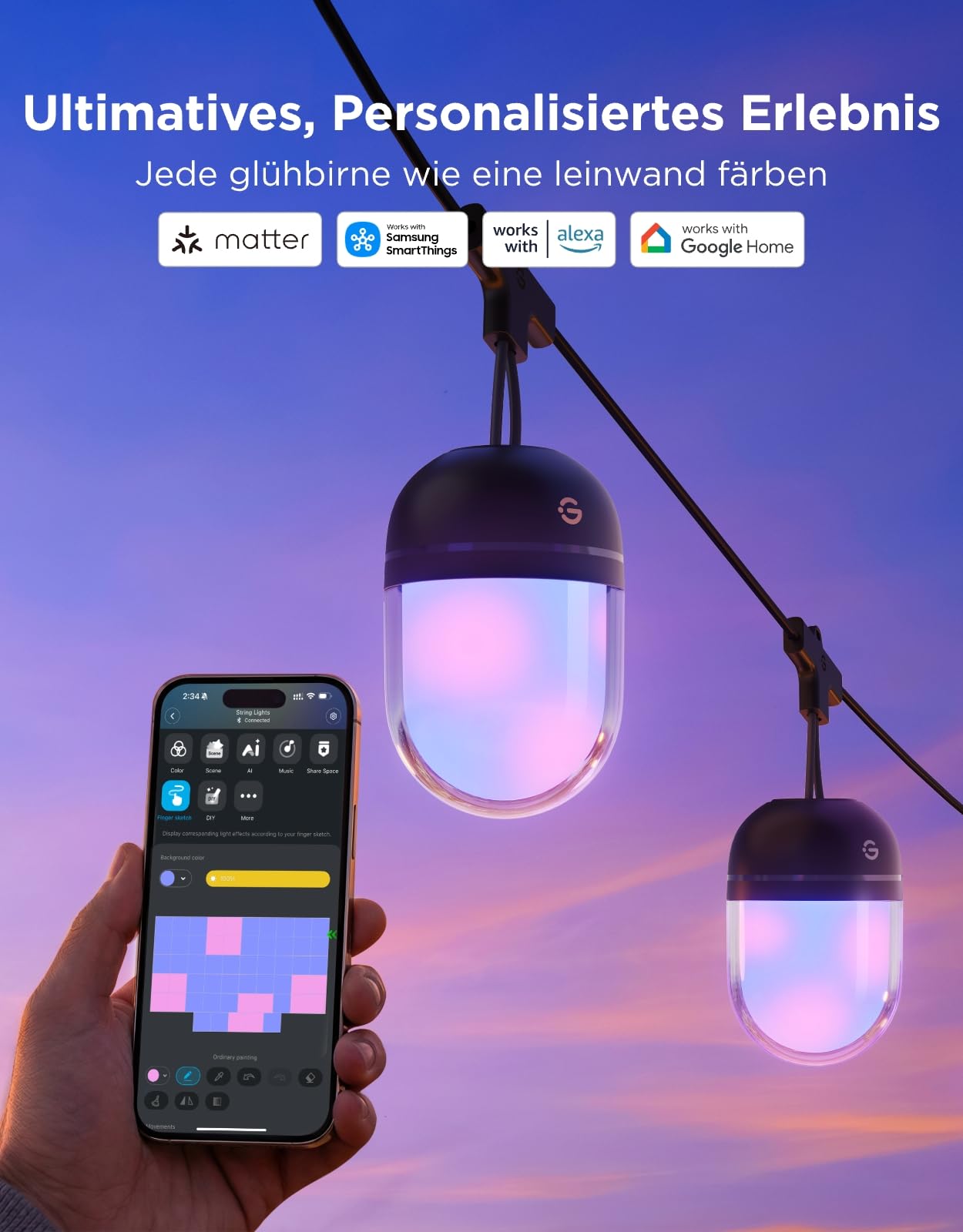 Govee Lichterkette Außen 10M, RGBICW 240lm pro LED, App-Steuerung, IP67 | 16 Mio. DIY-Farben, 111+ Szenen, Musik Sync, Matter/Alexa/Google, Lebensdauer 30000h, Einf. Montage, Garten/Balkon/Terrasse