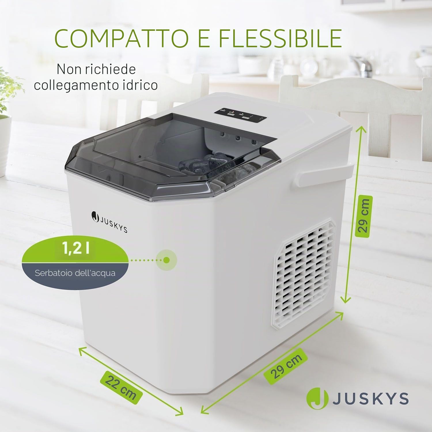 Juskys macchina del ghiaccio IceOracle – Cubetti di ghiaccio per cocktail in 6-13 minuti – Mini macchina del ghiaccio da 12 kg/giorno – Contenitore grande – Bianco