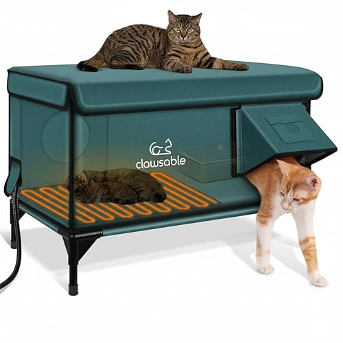 Indestructible Heated Cat House for Outside Winter, 100% Waterproof, Safe Escape Door, Insulated Outdoor Cat Shelter with Heater for Feral Barn Cat Kitty (Forest Green, 29"x17"x20") - Forest Green - 29"x17"x20"