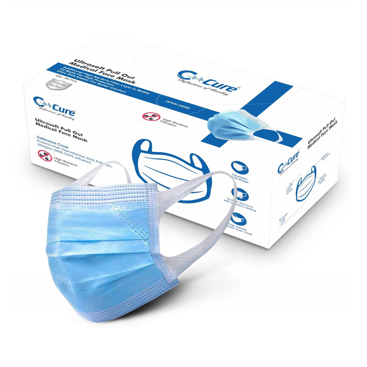 C-Cure® Melt Blown - SMMS Fabric 3 Ply Disposable Face Mask with Nose Clip and Reusable Travel Pouch (Blue) for Unisex-image-6