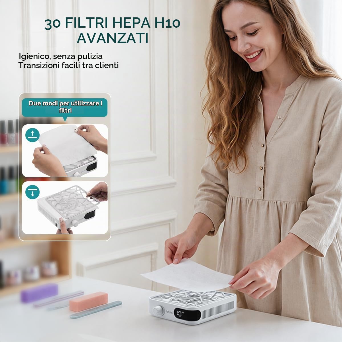 Janolia Aspiratore per Unghie Senza Fili – Mini & Compatto (18x14.9x4cm) – Portatile, 6000 Giri/min, Regolazione a 10 Livelli – con 30 Filtri di Carta Monouso per Salone e Casa