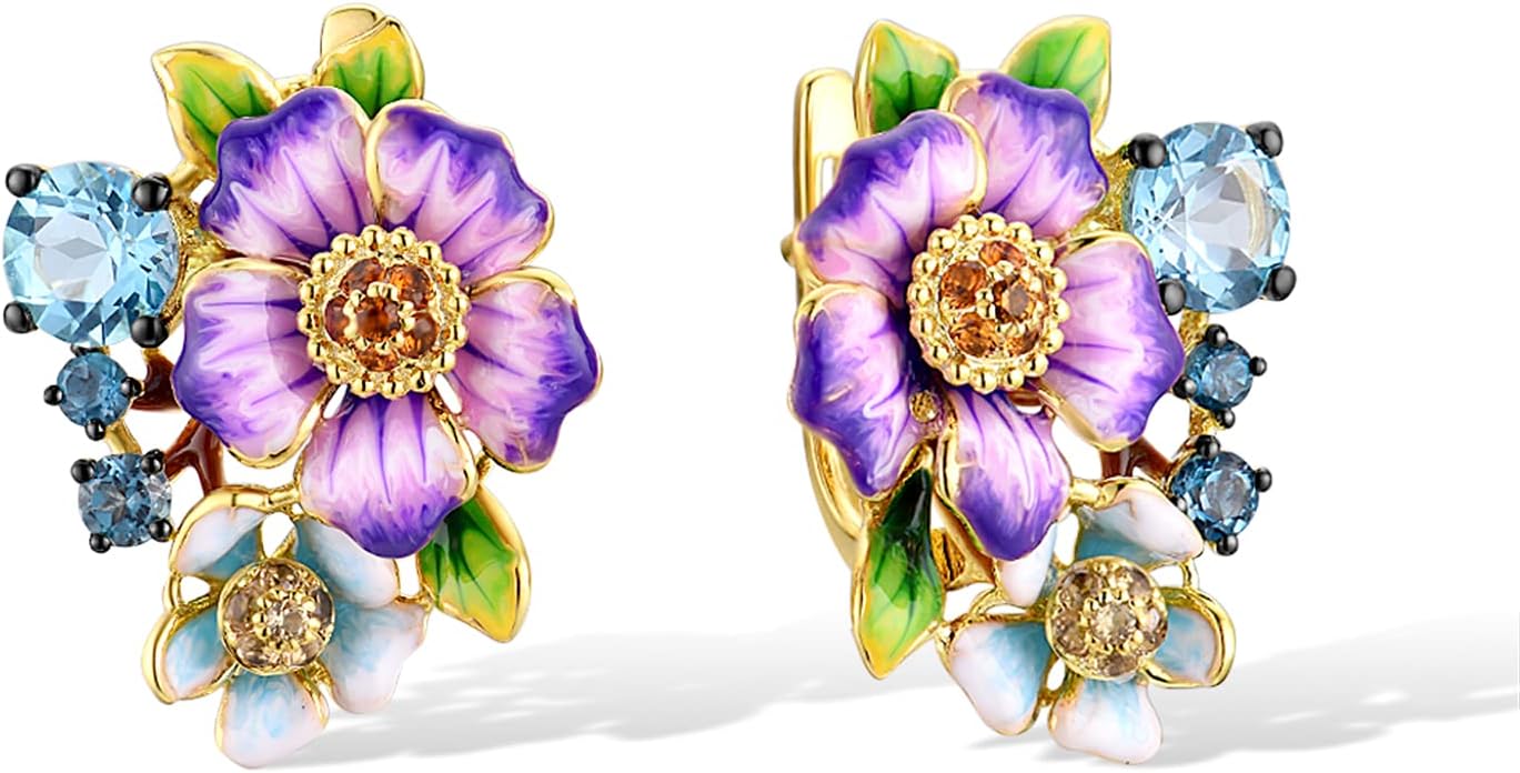 Santuzza Enamel Gemston Flower 925 Sterling Silvere Earrings