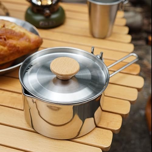 Miniatura 6 de Topyond Olla de utensilios de cocina portátil de acero inoxidable de 1 L, mango plegable, equipo de picnic para mochileros, cocina bushcraft
