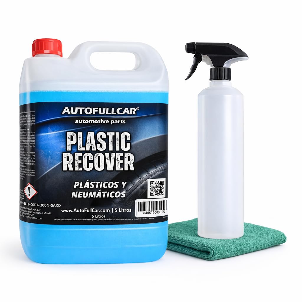 AutoFullCar Plastic Recover 5 litri, ristrutturatore in plastica per auto, restauro gomme modanature paraurti, finitura satinata, protezione esterna interna, include bottiglia con diffusore e panno in