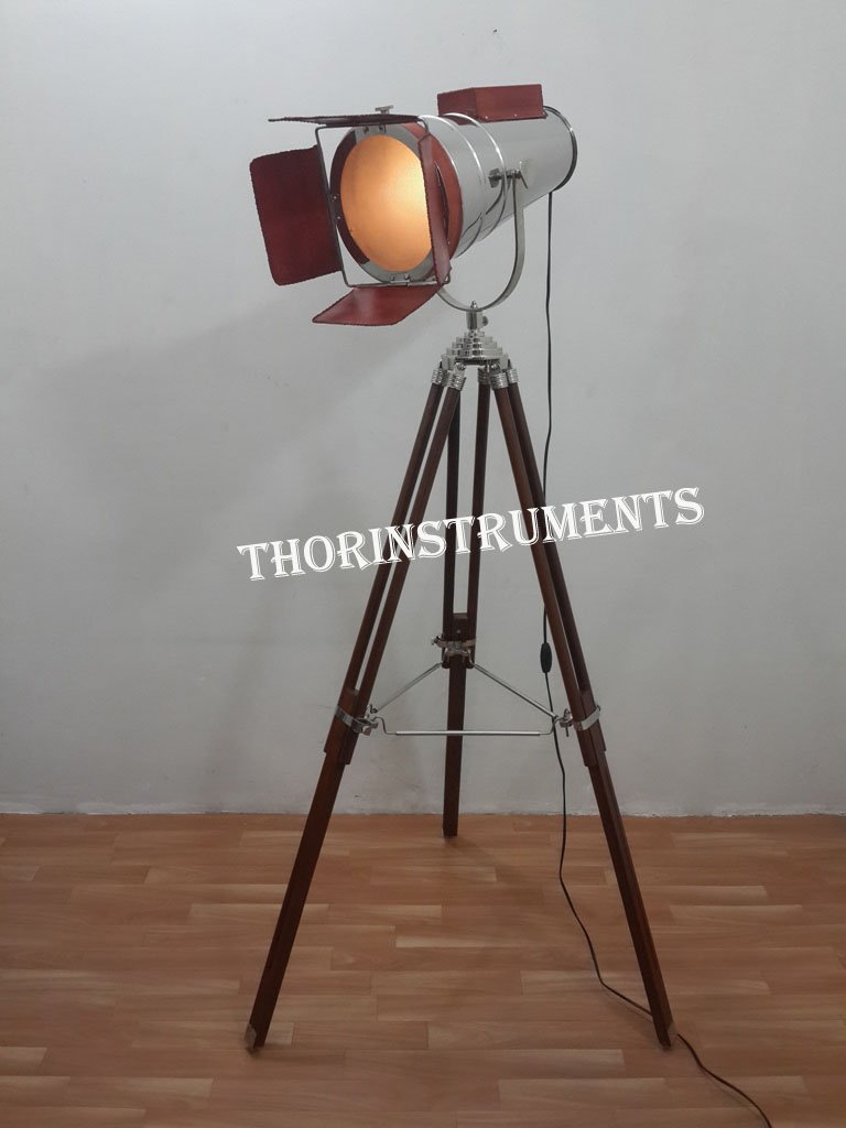 THOR INSTRUMENTS Chrome Finish Big Leather Spot Light with Wooden Brown Tripod Stand Rustic Vintage Home Decor Gifts