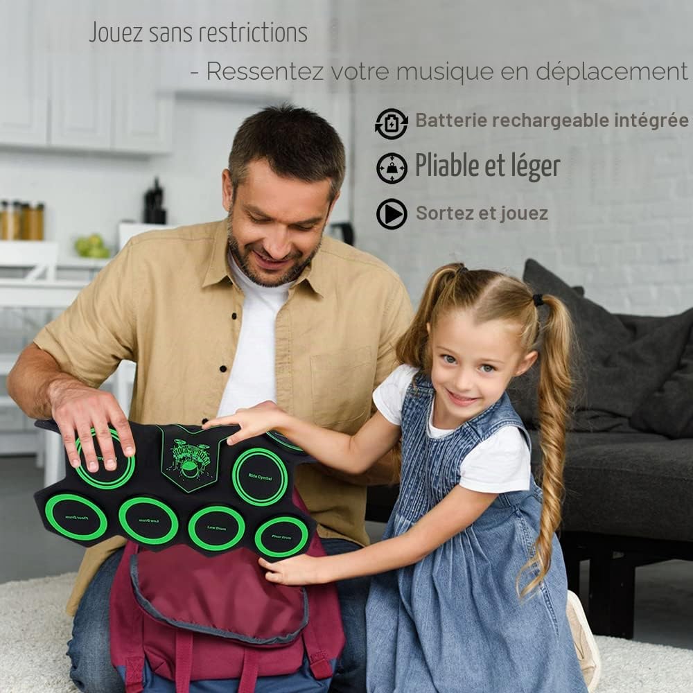 CNAPXAIA Kit de Batterie Électrique - 9 Pads Portatif E-Drum Set avec Haut-Parleur Intégré/Pédales/Baguettes, Batterie Bebe Musique Instrument pour Enfants, Fêtes, Anniversaires et Cadeaux