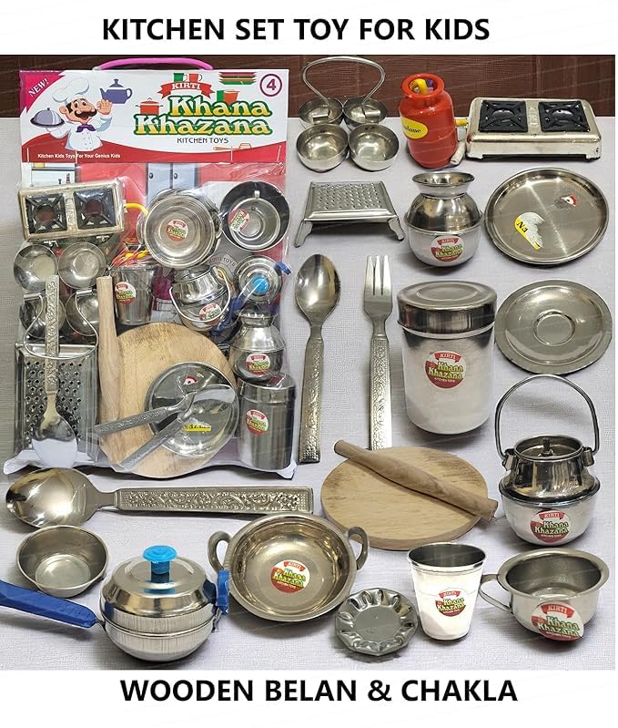 Real Cooking kit for Play Steel Kitchen Set Toys for Kids, Role Playing Kitchen Set of Stainless Steel with Wooden Chakla Belan Set, - Image 2 thumbnail