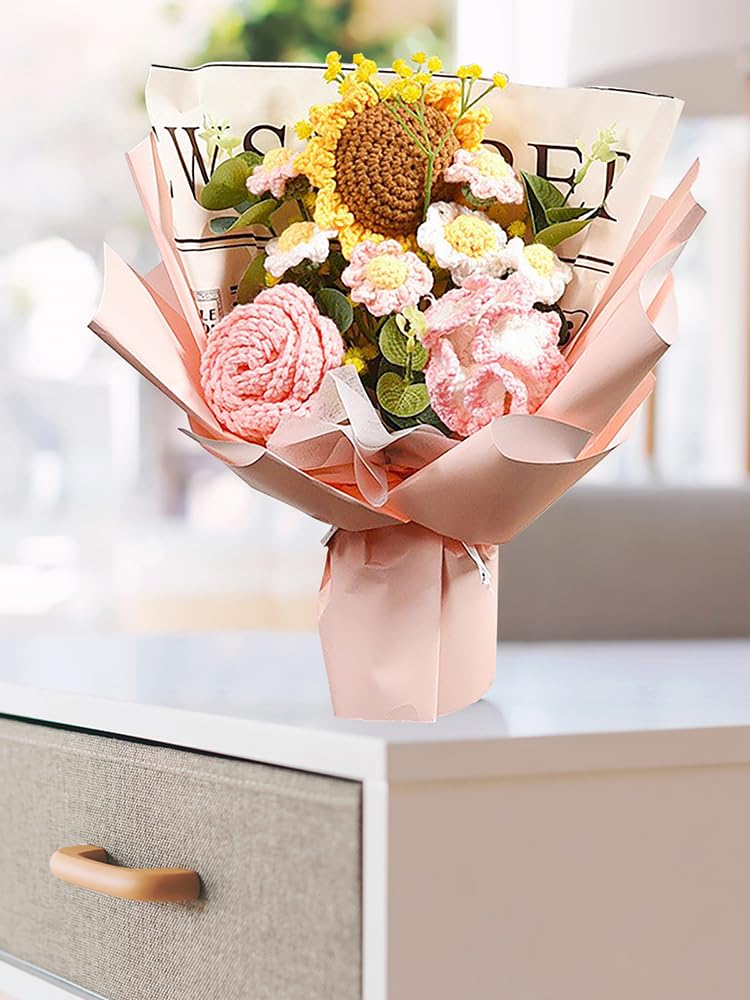 Bouquet de Fleurs au Crochet Fait Main, Tournesol Artificiel, Roses, Marguerites, Kit Cadeau Fête des Mères