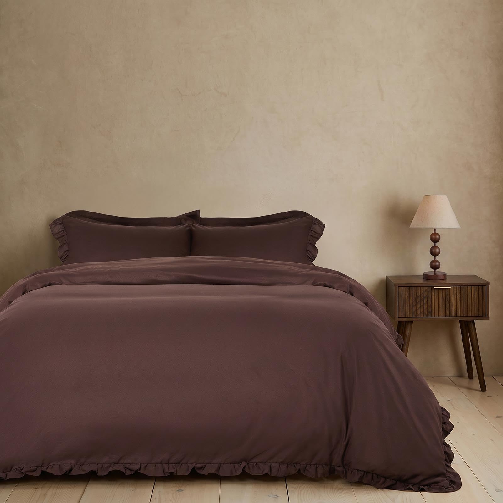 OHS Frill Duvet Set Easy Care Bedding Double Duvet Cover Easy Care, Coffee