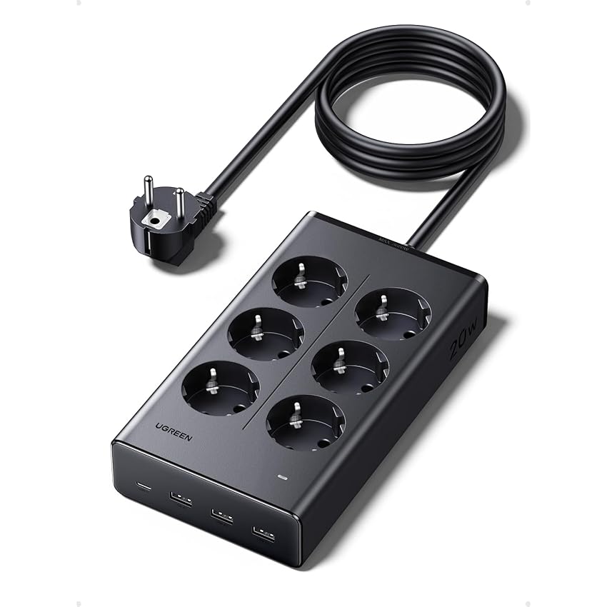 UGREEN Ciabatta Multipresa 10 in 1 con 1 USB C+ 3 USB A Carica Rapida 20W, Presa Multipla Salvaspazio con La Spina 6 AC 3680W, Cavo 1.3 M e Interruttore Individuale Tipo E/F