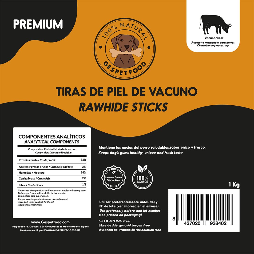 Snack Disidratato per Cani - Strisce di Pelle di Bovino - Sacchetto da 1kg - 15 cm - Sapore Pancetta - Senza Cereali - Gengive Sane - Dolci Cani - Prodotto in Spagna - GESPETFOOD