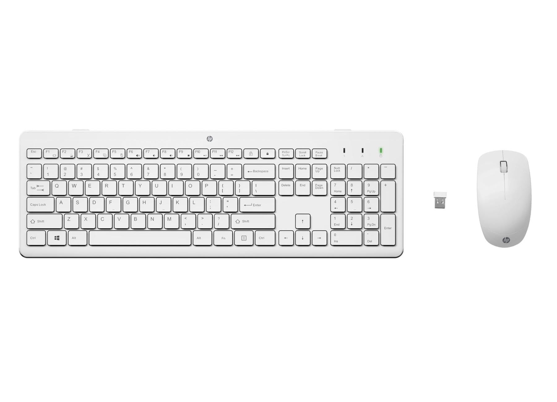 HP 230 Combo Tastiera e Mouse Wireless con Dongle USB-A a 2,4 GHz, Digitazione Silenziosa, Tasti Scelta Rapida e 12 Funzioni, Tastierino Numerico, Mouse a 1600 DPI, Rotella Scorrimento, Bianca