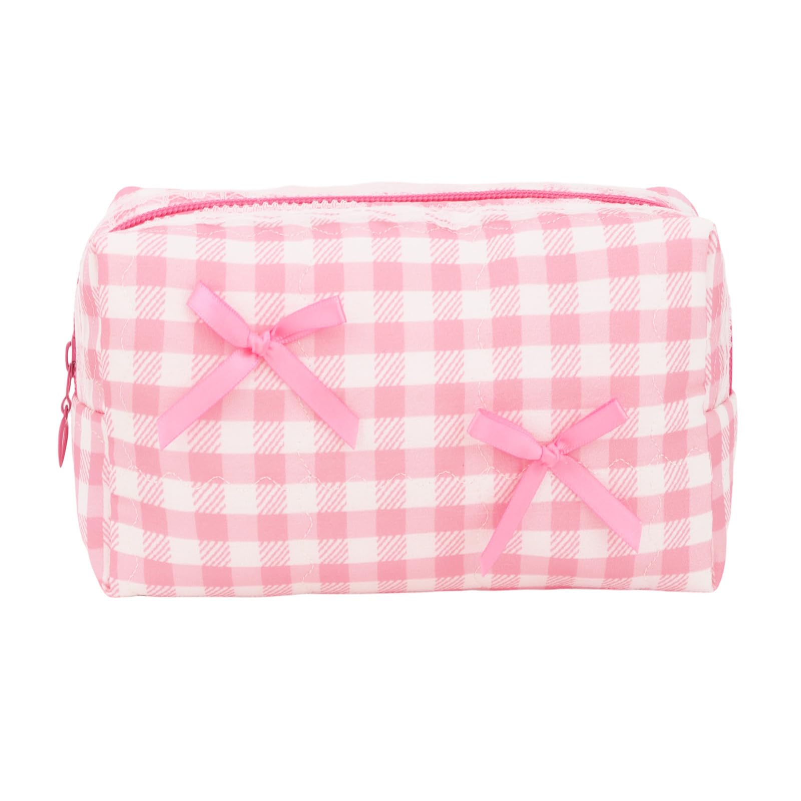 Pink Gingham Makeup Bag with Bows Cosmetic Bag for Women Travel Toiletry Bag Organizer Large Capacity Cute Pouch for Daily Use-picture-15