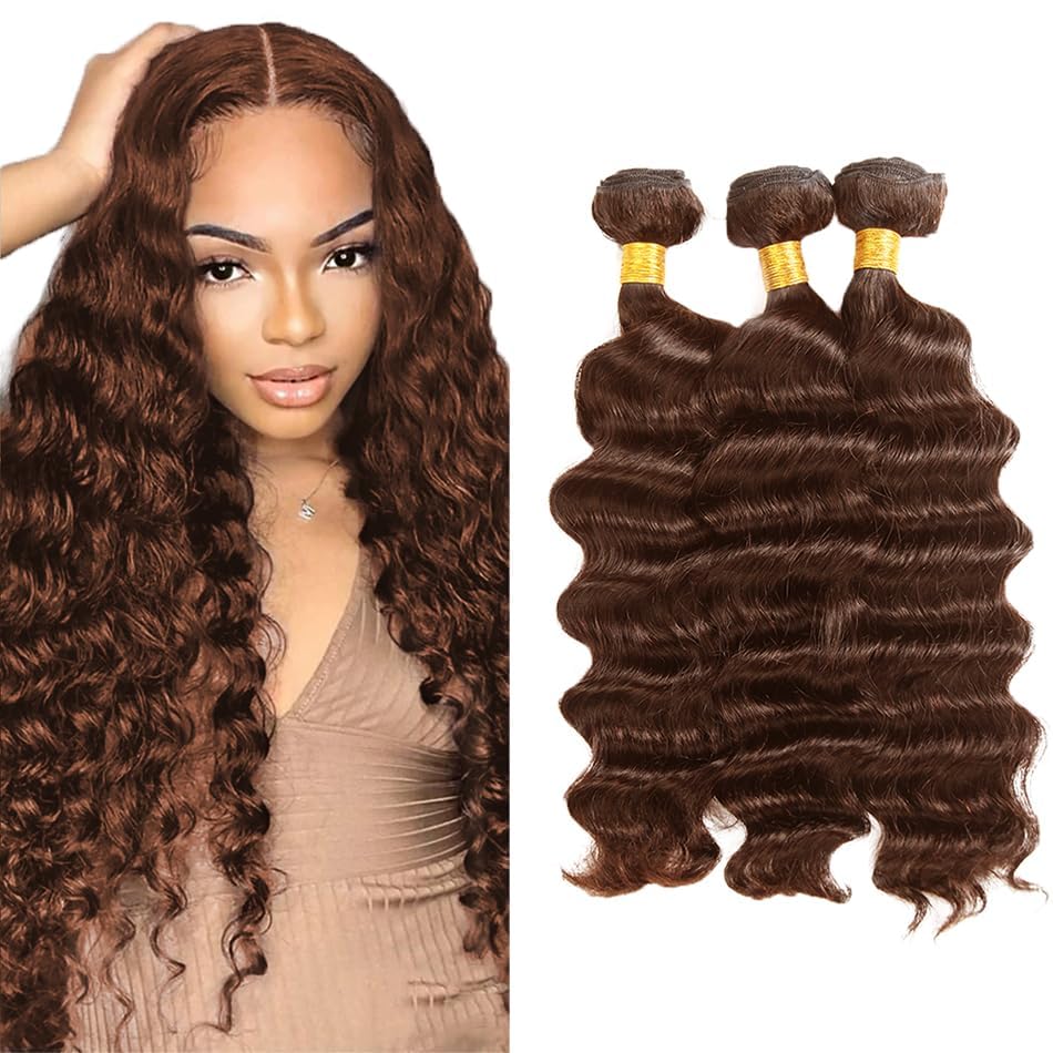 Creuost Human Hair Bundles Deep Wave 24 26 28 Inch #4 Chocolate Brown Color Natural Sew in Double Weft Weave Human Hair Extension For Woman Bundle/100g Total 300g