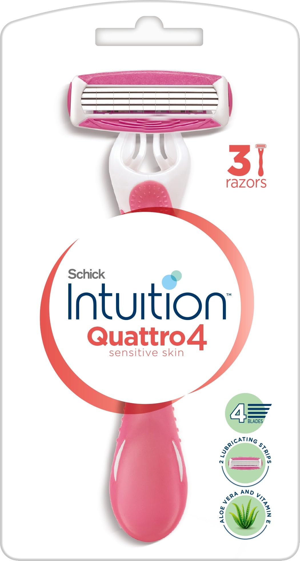 Intuition Quattro Disposable Razor for Women, 3 Pack, Suitable for Sensitive Skin,Lubricating Strip with Organic Aloe + Vitamin E,4 Ultra thin Blades
