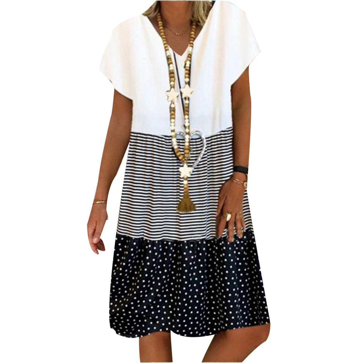 Morbuy Morbuy Mujer Bohemio Vestido Largo Verano Elegante Casual Color Sólido Patchwork Playa Fiesta Manga Corta Cuello en V Vestidos Talla Grande S-5XL