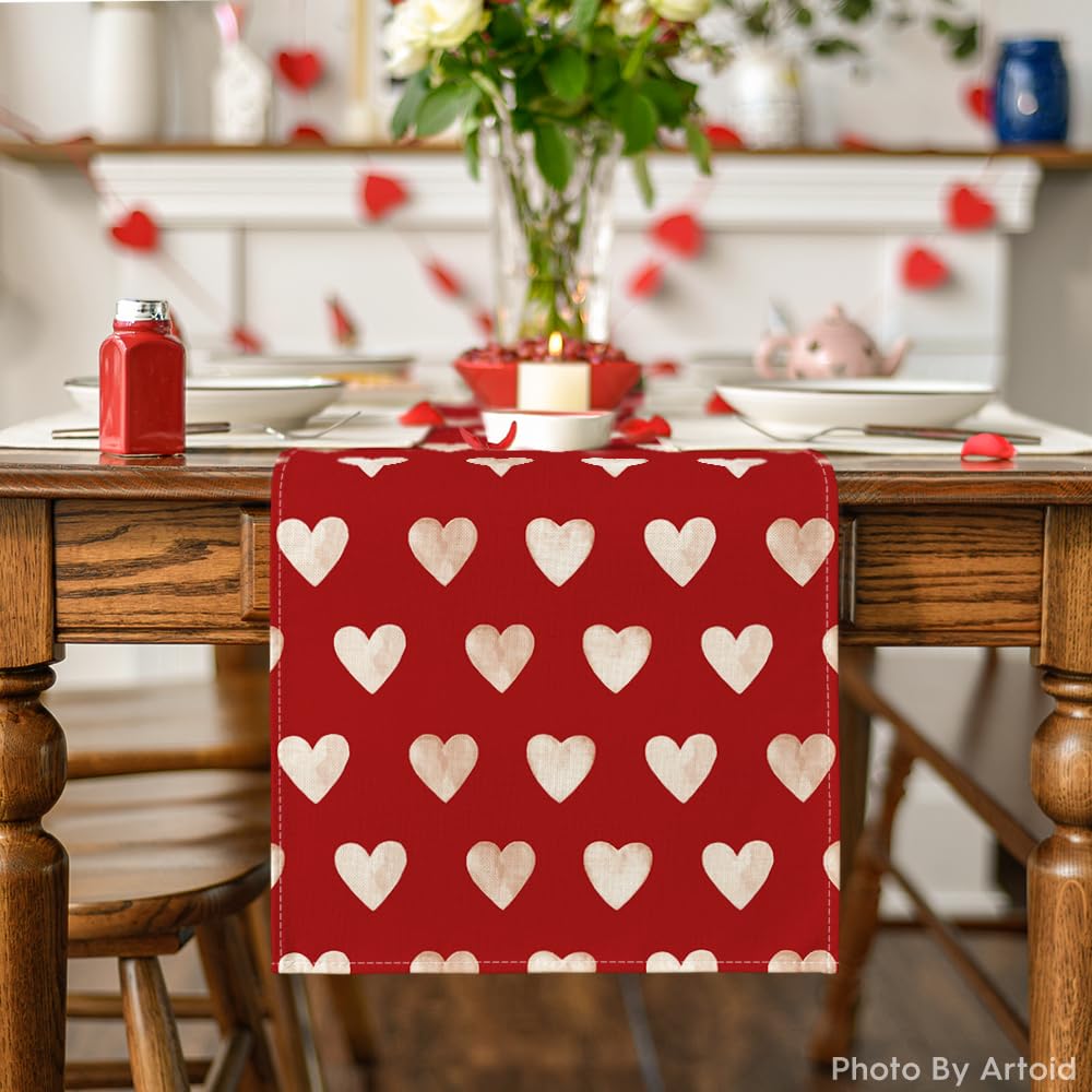 Artoid Mode Red Love Heart Valentine's Day Table Runner, Seasonal Anniversary Kitchen Dining Table Decoration for Indoor Home Party 13x72 Inch