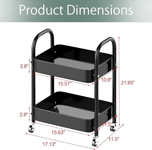 Miniatura 4 de Melody House Carrito de almacenamiento de 2 niveles totalmente metálico con asa y ruedas de bloqueo, cocina, lavandería, oficina, organizador de