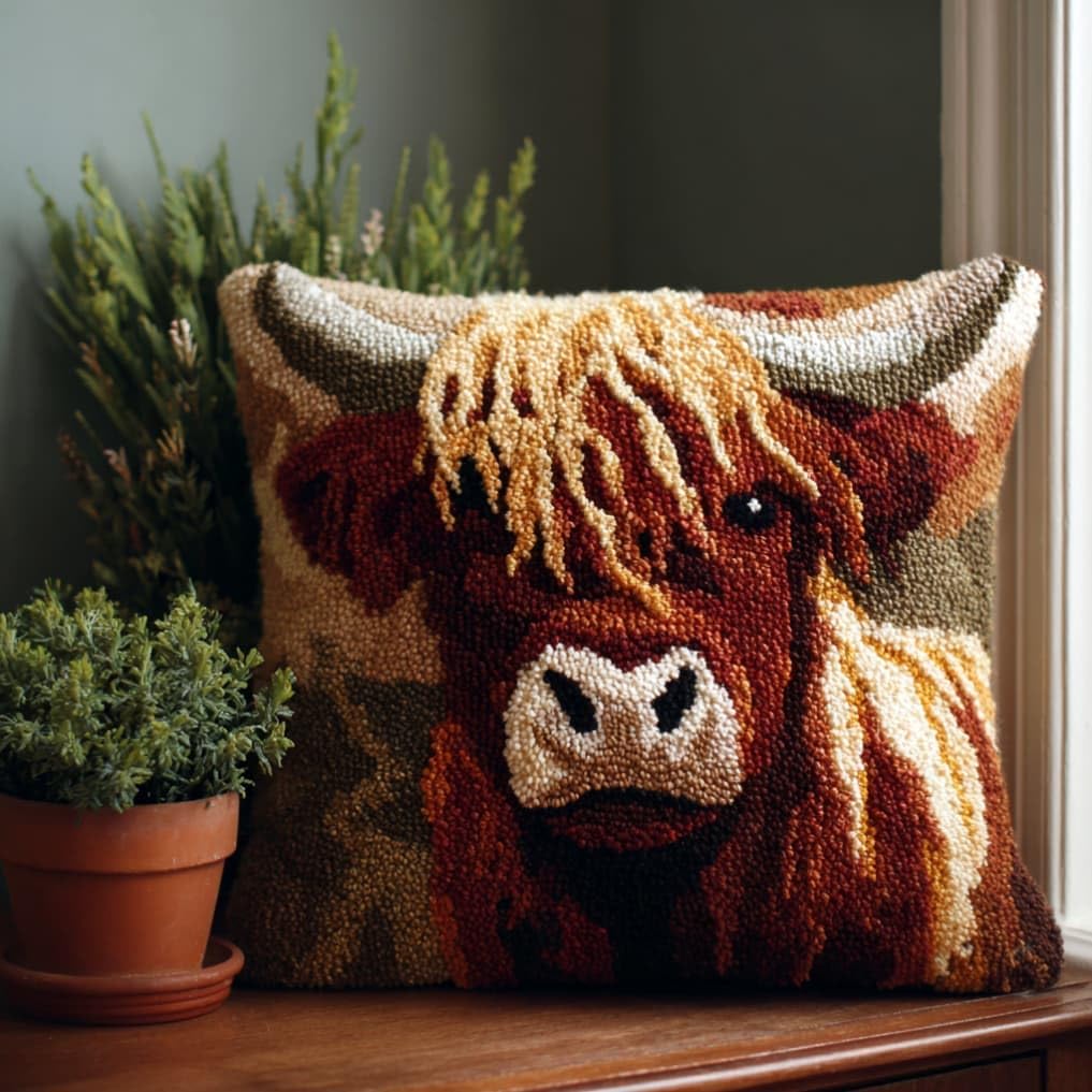 Taxpy Latch Hook Cushion Kits Highland Cattle Pillowcase Kits Embroidery Kit 17X17 Inch DIY Needlework Pillow Cover Sofa Cushion Rug Making