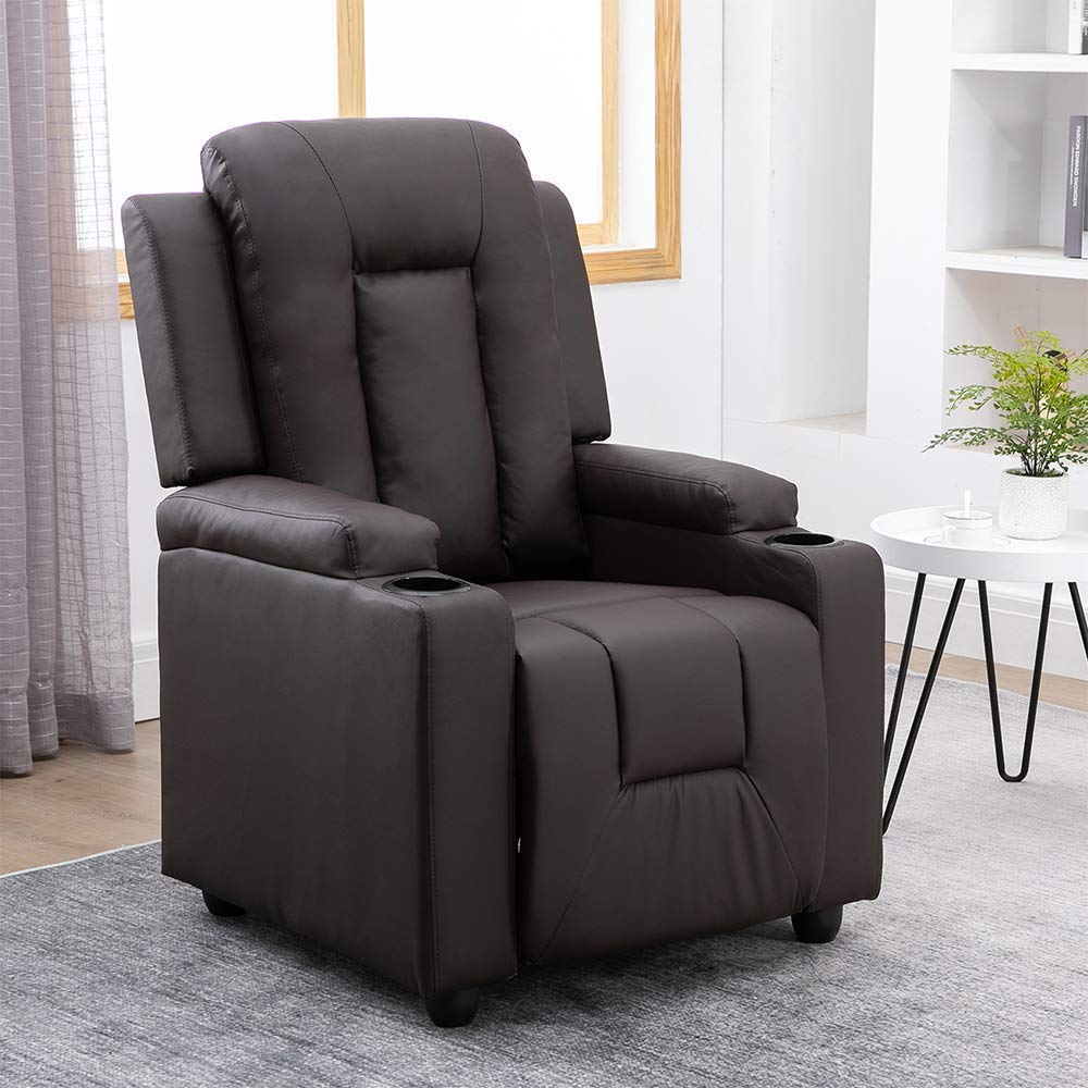 Brown Living Room Recliner Chair Upholstered Armchair with Cups Holder Footrest PU Leather Bedroom Single Sofa Chair Adjustable Push Back Reclining Chairs for Home TV Cinema