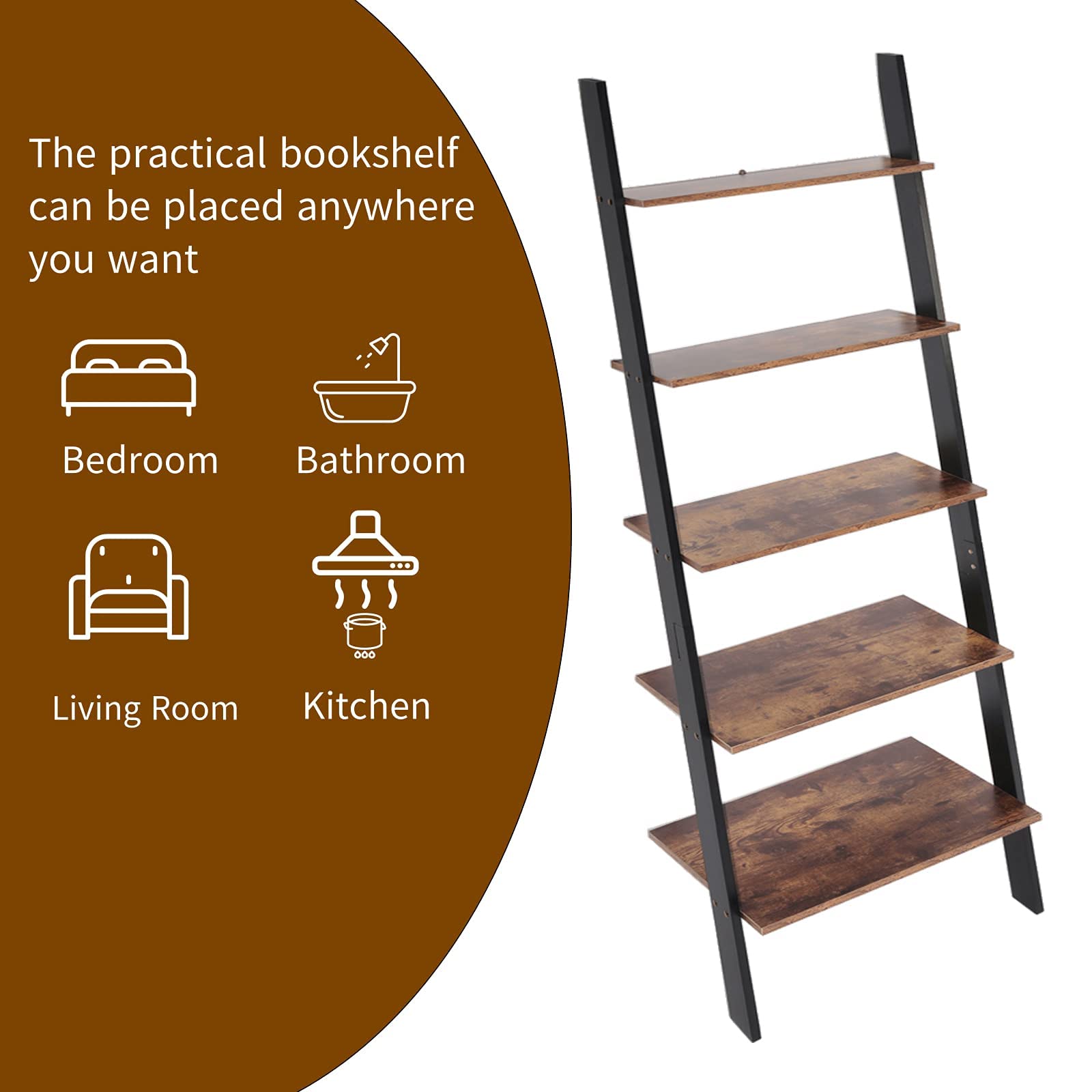 IWELL Ladder Shelf, 5Tier Leaning Bookshelf, Retro Storage Shelves