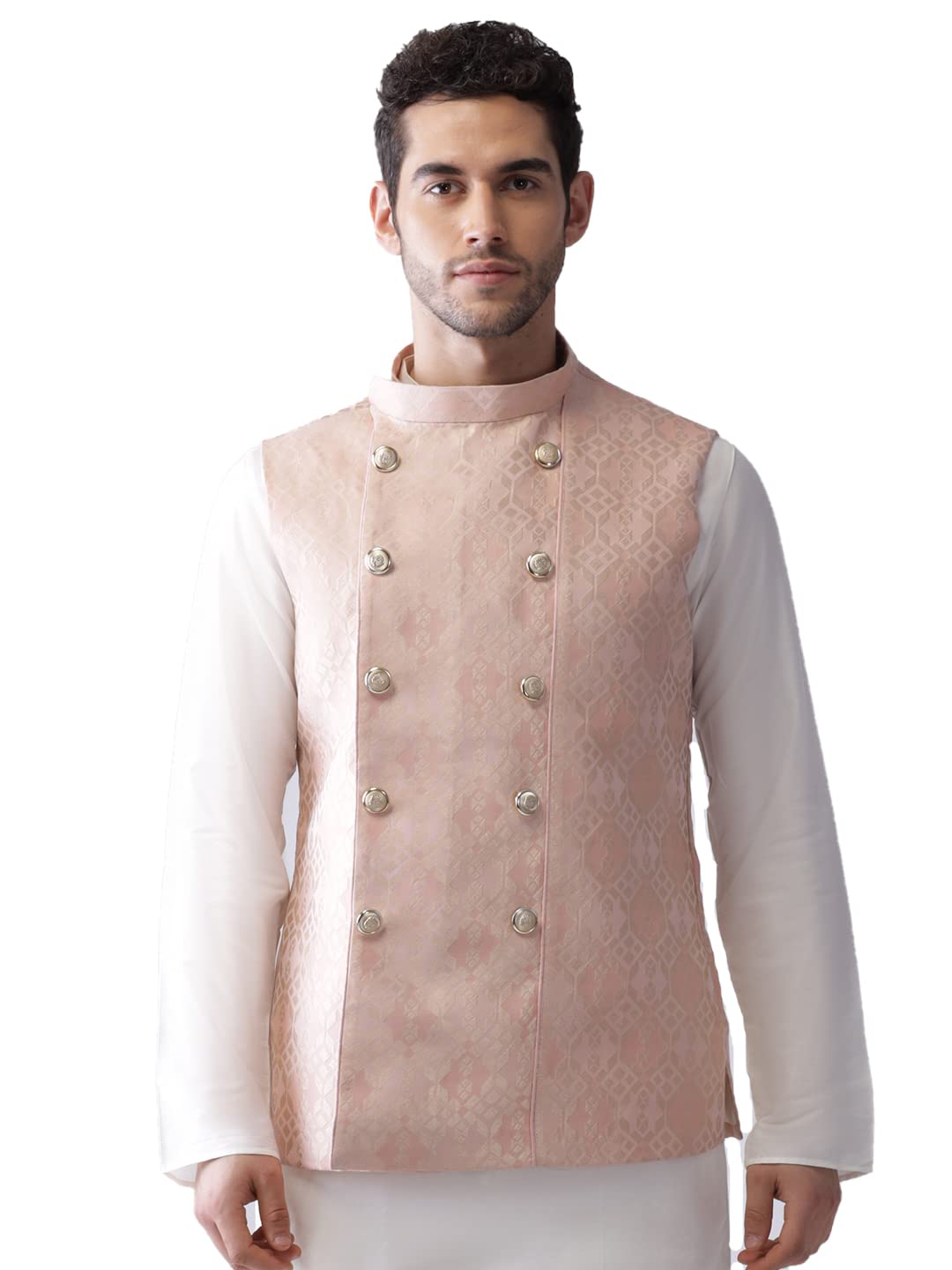 Kisah Men's Printed Sleeveless Textured Nehru Jacket | Ethnic Waistcoat/Jacket For Men (Peach, 38)
