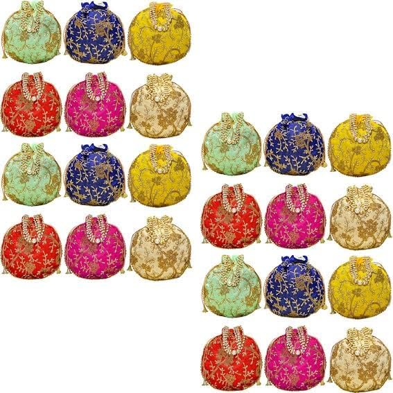 Embroided Potli Pack of 24 | Assorted Leaf Floral Design with Small Moti Handle | Batwa Bag Bridal Purse Women Handbag Shagun Pouch Return Gifts-image-45