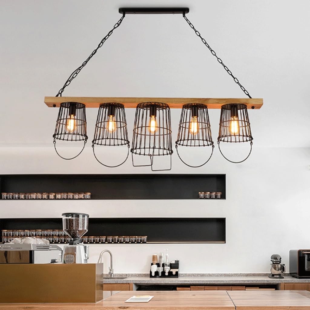Plafonnier cuisine et salon réglable avec lustre bois rétro et 5 ampoules E27
