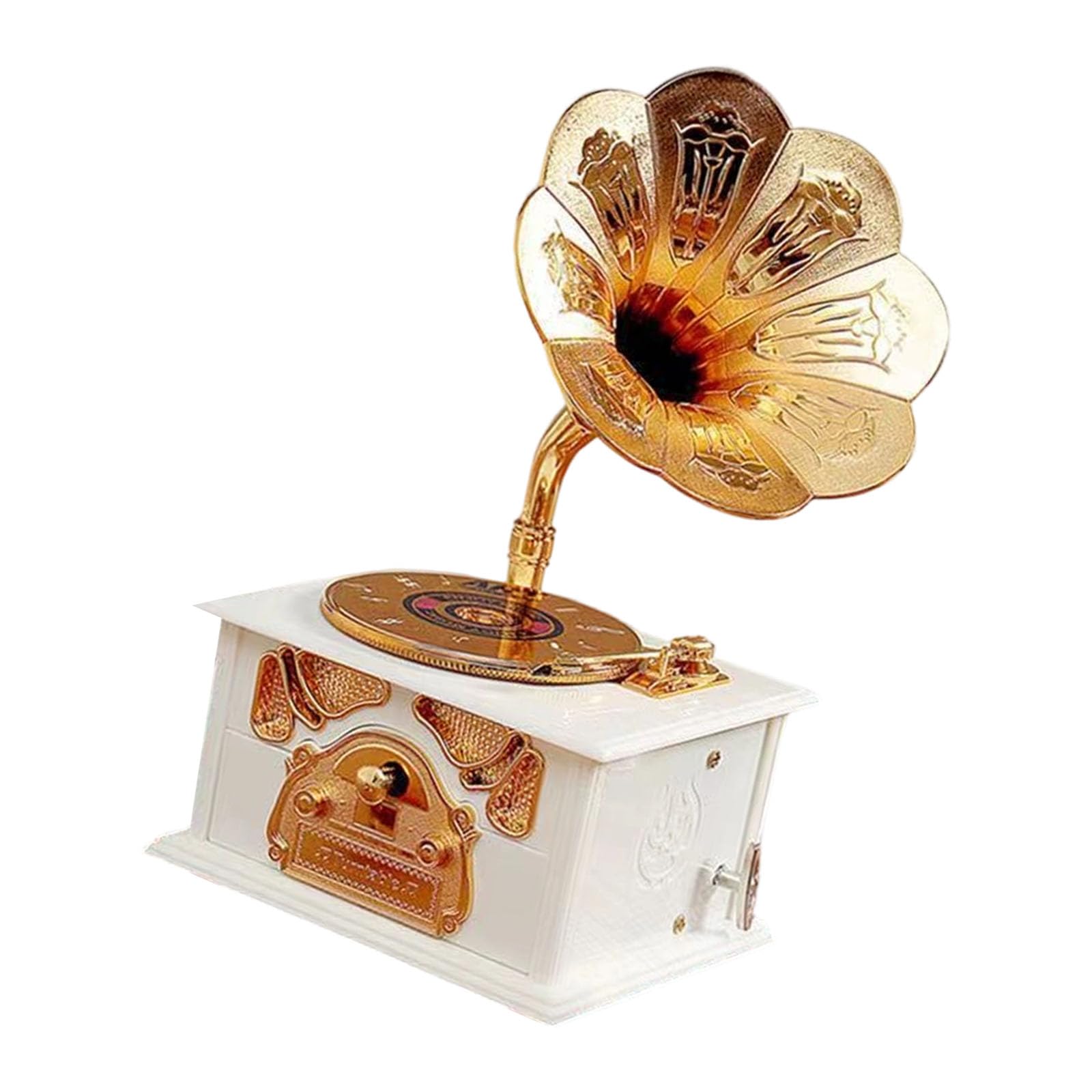 Tsophreniq Nostalgic Antique Gramophone Shape Music Box with Drawer Manual Wind Up Mechanical Ornament for Collectors Gift Mechanical Musical Box