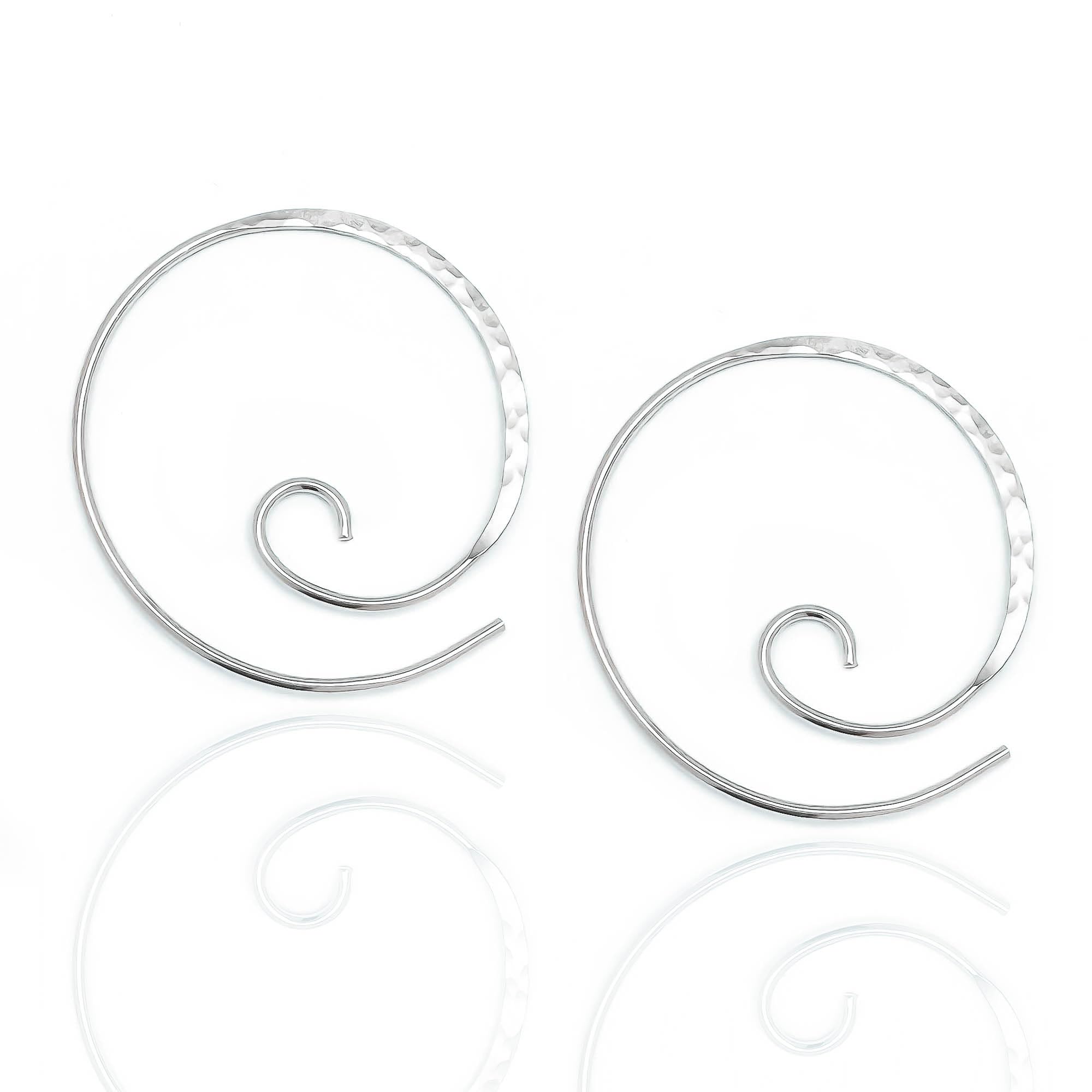 Spiral Hoop Earrings, 925 Sterling Silver, 20ga, 22mm Diameter, Hammered, Lightweight, Spiral Earrings for Women, Silver Swirl Earrings Hoop, Silver Pull Through Earrings for Women (Sterling Silver)