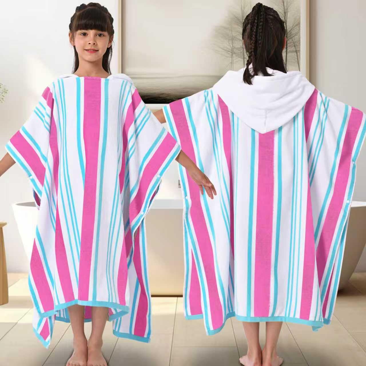 Voova & Movas Pink Blue White Stripe Hooded Bath Towels for Big Kids (8-16 Years) Perfect for Pool and Beach, 100% Cotto