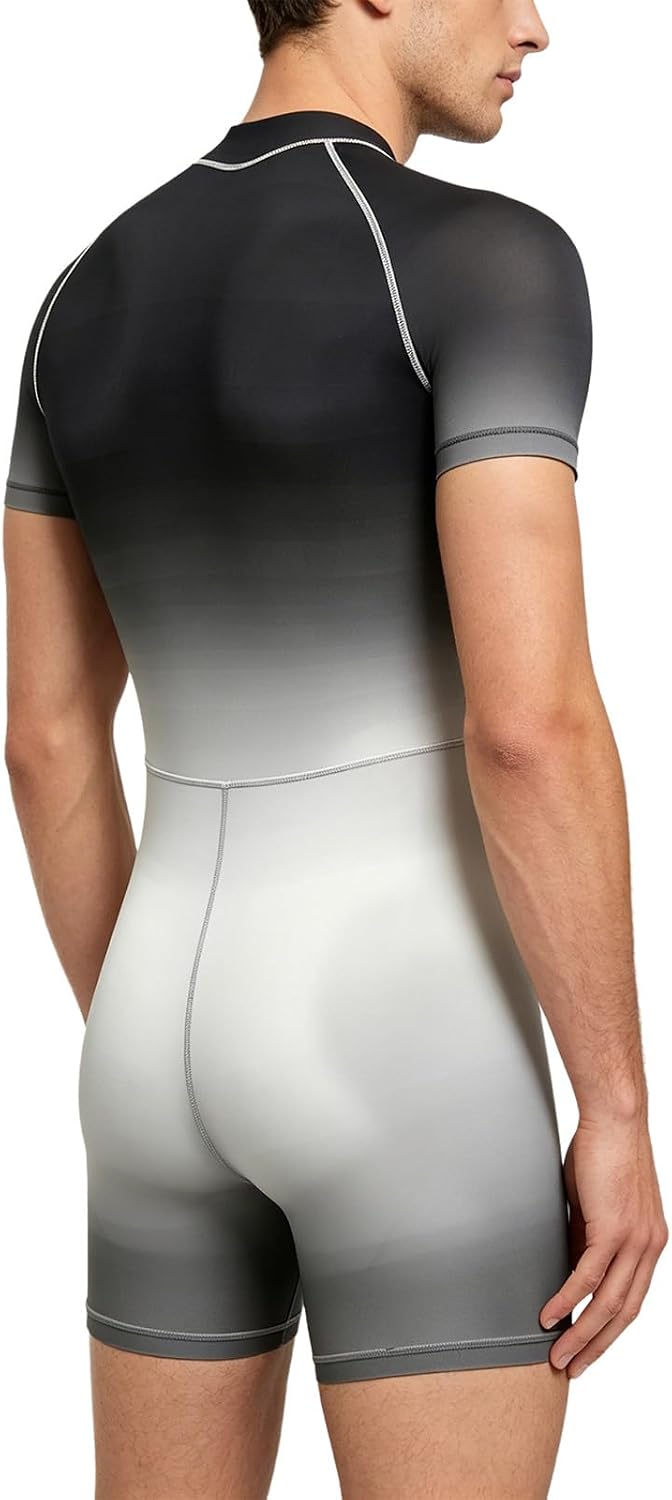 Mufeng Men Zipper Front Silky Tights Powerlifting Uniform Gym Jumpsuit Athletic Supporters Undershirts Wetsuit