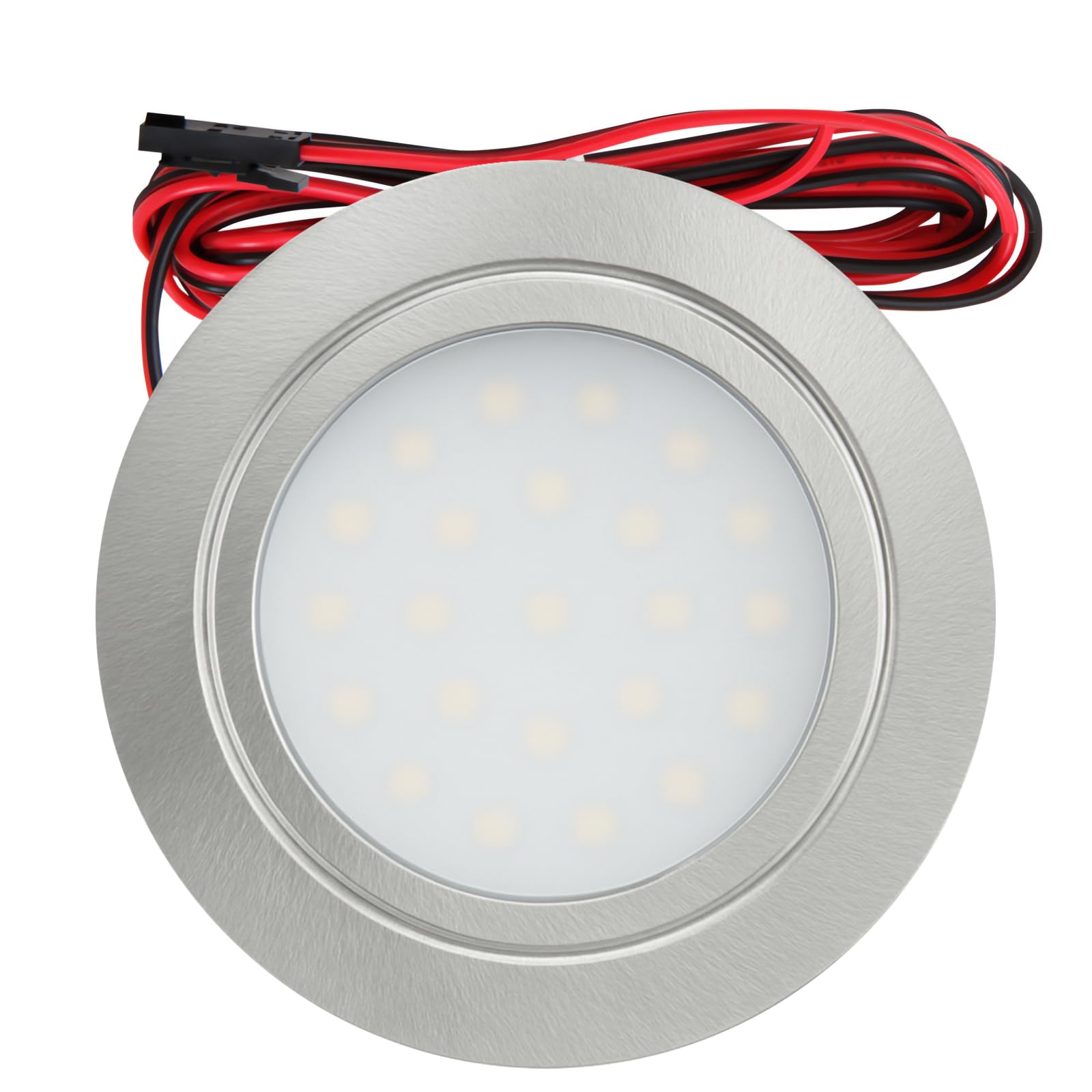 3er Set LED Möbeleinbauleuchte Finja 12V 2,4W Warmweiß 3000K | IP20 flach Ø65mm Einbauspot in Edelstahl geb. | 160lm | Inkl. LED Trafo, Mini-Verteiler & 230V Zuleitung | Für Küche, Bad & Möbel
