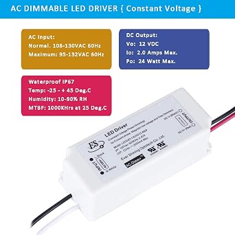 UL Recognized Dimmable LED Driver 12V 24W Triac Dimming Power Supply IP67 Waterproof, 12V Transformer Dimmable, 12 Volt Constant Voltage Adapter,120V AC Line Dimming for LED Strip Light 2 Amp