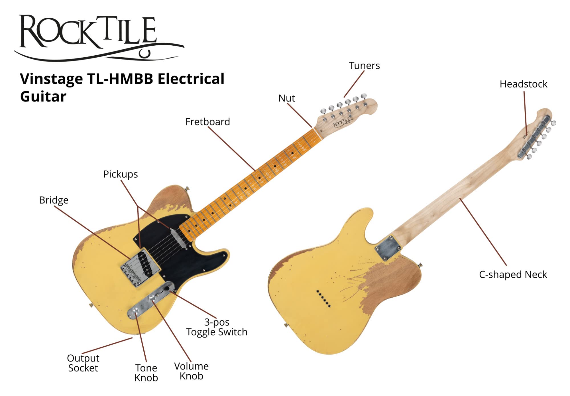 Rocktile Vinstage TL-HMBB E-Gitarre - Relic-Gitarre in Aged-Style - Korpus: Mahagoni - Griffbrett/Hals: Ahorn - 2x Single Coil Pickup - Vintage-Hardware - Vintage Blonde | Modell: TL-HMBB, Serie: Vinstage, Gewicht: 3, 1 kg, Anzahl der Saiten: 6, Ausrichtu