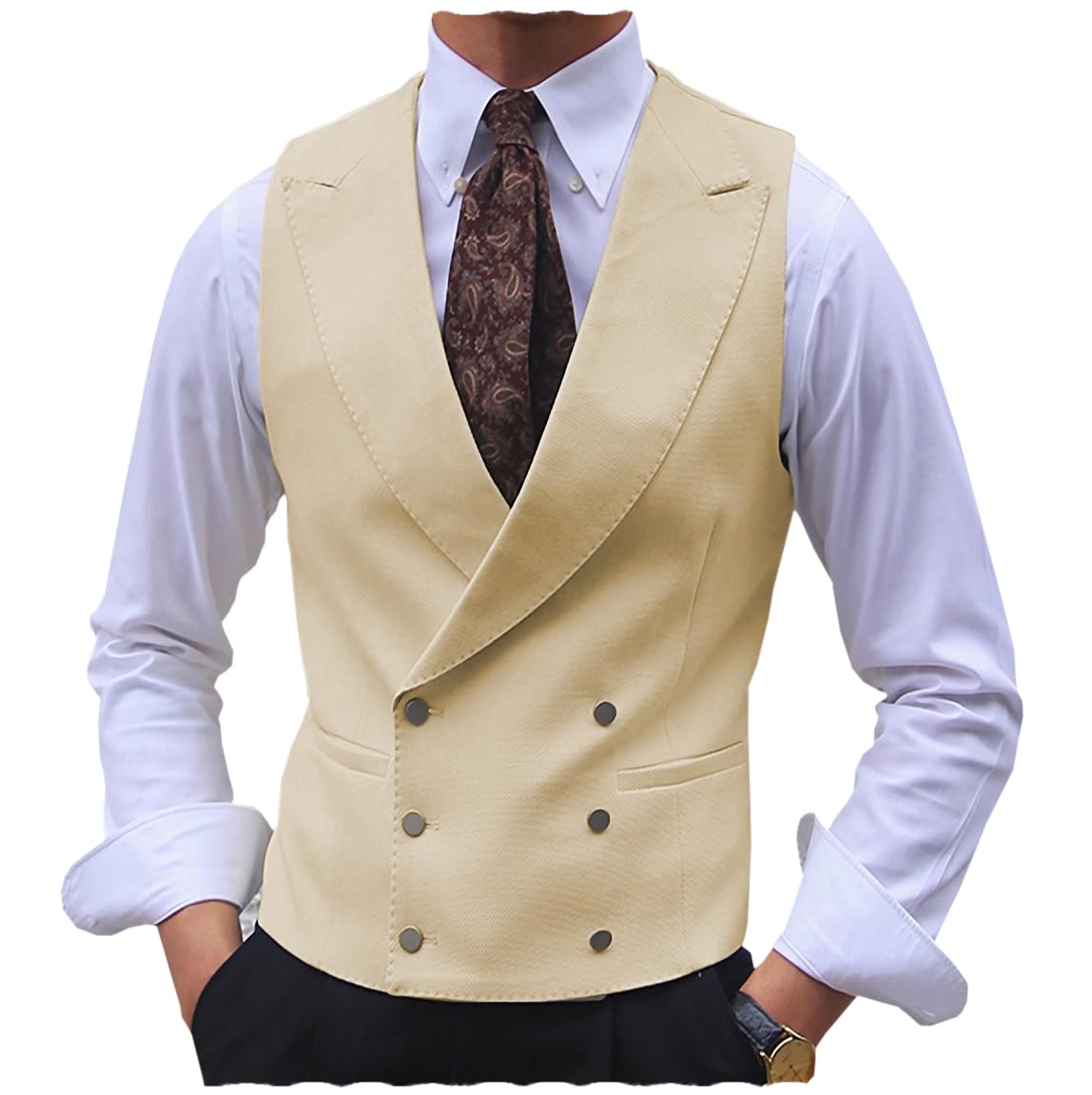 Tuikayoo Men's Suit Vest Business Formal Double Breasted Dress Waistcoat Tuxedo Vest for Wedding Prom（Champagne，S）