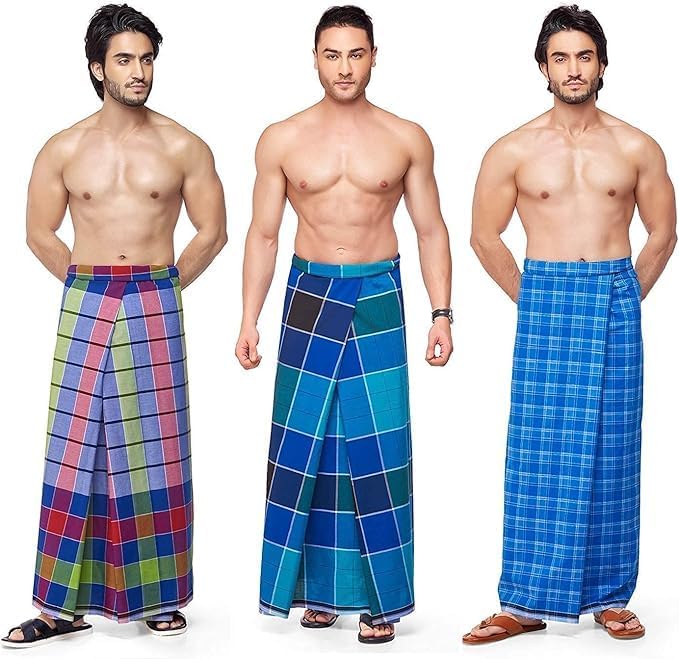 Dhoti/Sarong Coverups/Wrap For Men | 100% Cotton Indian Traditional Lungi Checked Design Dress | Long Sarong Cover Ups For The Beach | 3 Handloom Piece Combo Pack Comfortable (Color May Vary)4